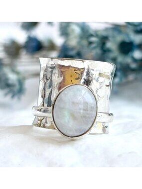 Moonstone Hammered Chunky Band Spinner Sterling Silver 925 Vintage Ring sz 2.75